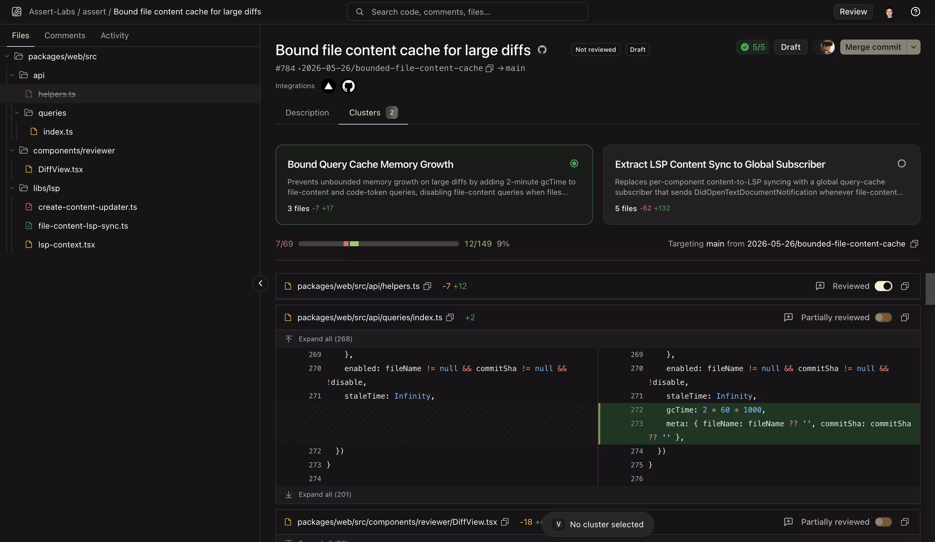 Code review interface showing a new comments sidebar with file tree, review overview, and TypeScript code comparison highlighting changes.